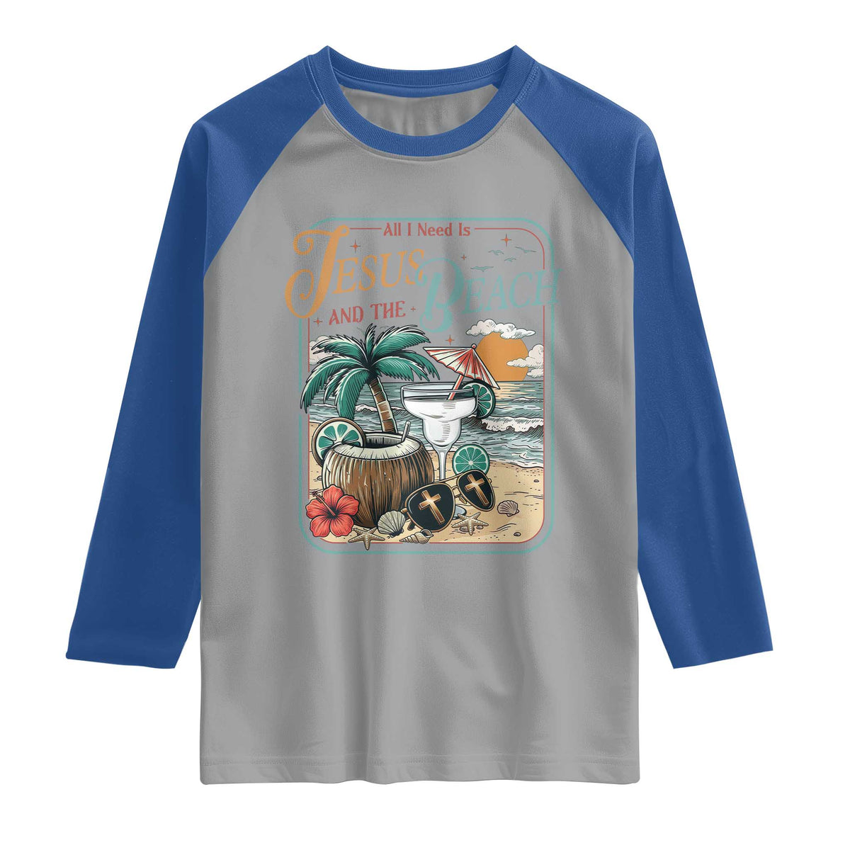 Funny Christian Beach Gift Raglan Shirt All I Need Is Jesus And The Beach TS12 Sport Gray Royal Print Your Wear