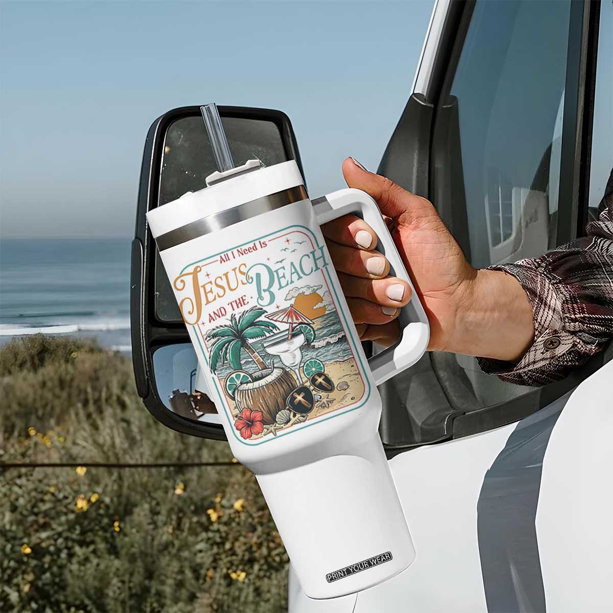 Funny Christian Beach Gift Tumbler With Handle All I Need Is Jesus And The Beach TS12 Print Your Wear