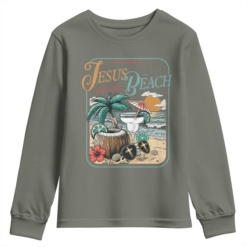 Funny Christian Beach Gift Youth Sweatshirt All I Need Is Jesus And The Beach TS12 Military Green Print Your Wear