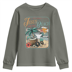 Funny Christian Beach Gift Youth Sweatshirt All I Need Is Jesus And The Beach TS12 Military Green Print Your Wear