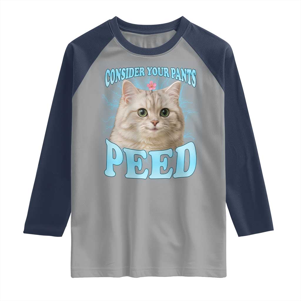 Funny Cat Raglan Shirt Consider Your Pants Peed Meme Saying TS12 Sport Gray Navy Print Your Wear