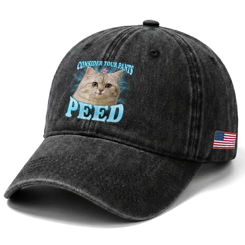 Funny Cat Washed Cotton Baseball Cap Consider Your Pants Peed Meme Saying TS12 Print Your Wear