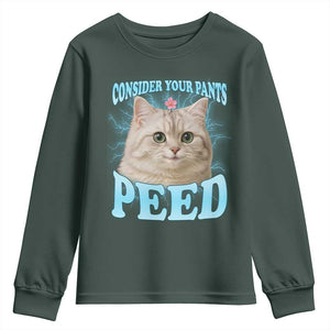 Funny Cat Youth Sweatshirt Consider Your Pants Peed Meme Saying TS12 Dark Forest Green Print Your Wear