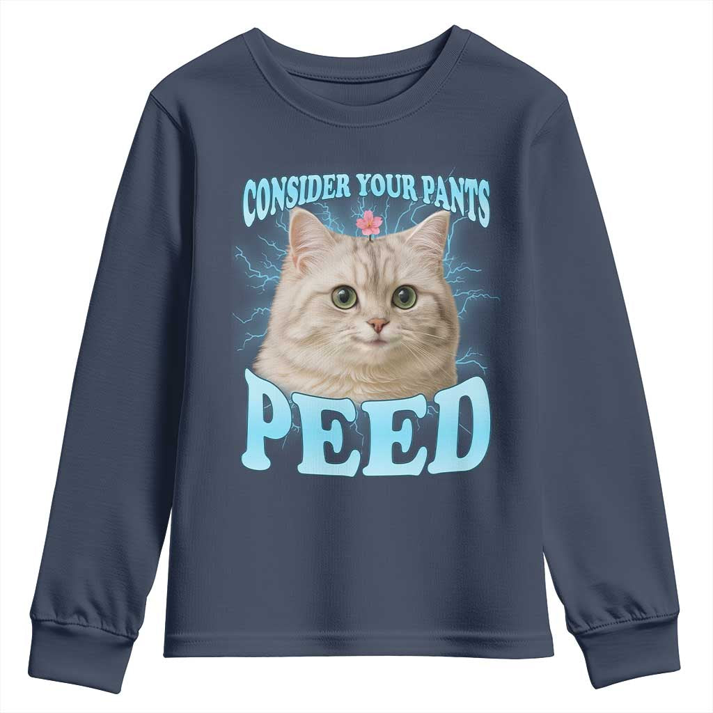 Funny Cat Youth Sweatshirt Consider Your Pants Peed Meme Saying TS12 Navy Print Your Wear