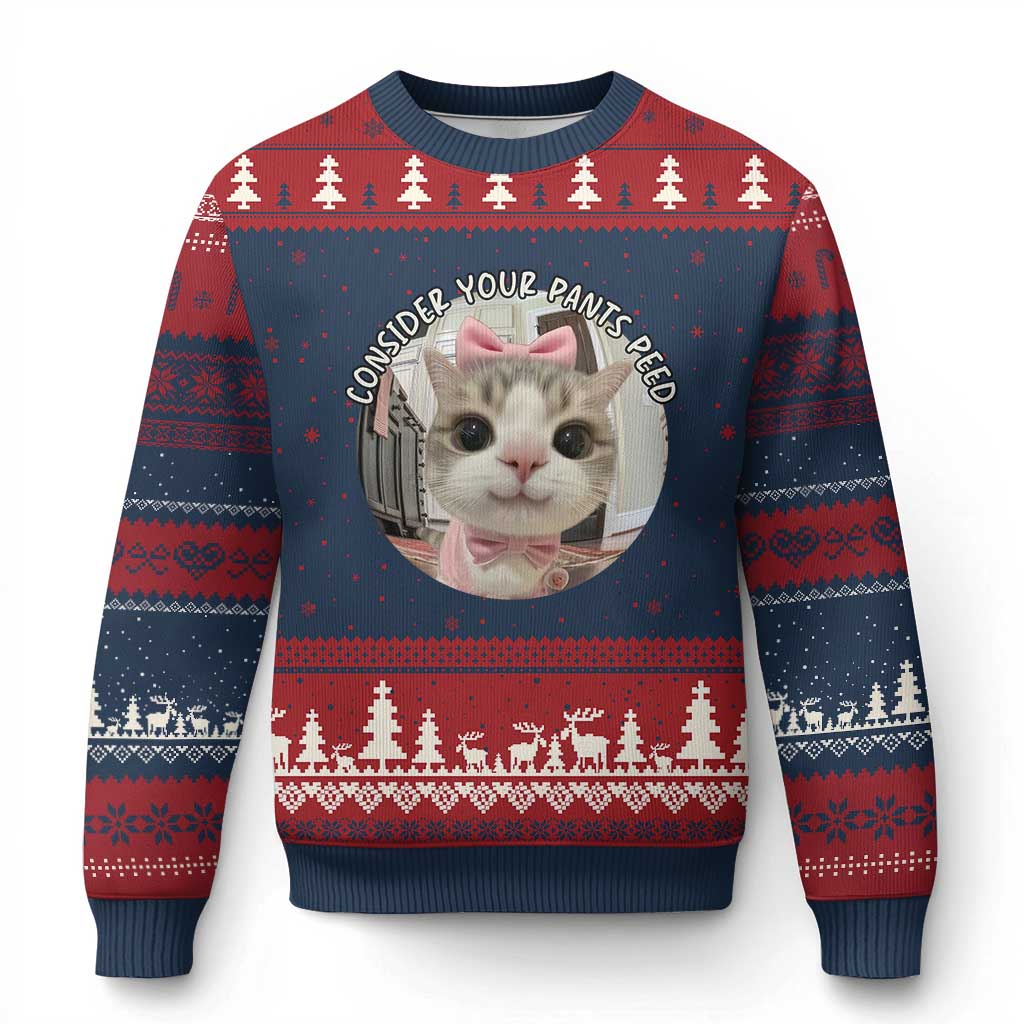 Consider Your Pants Peed Ugly Christmas Sweater Funny Cat Meme Saying TS12 Navy Red Print Your Wear