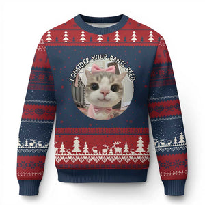 Consider Your Pants Peed Ugly Christmas Sweater Funny Cat Meme Saying TS12 Navy Red Print Your Wear