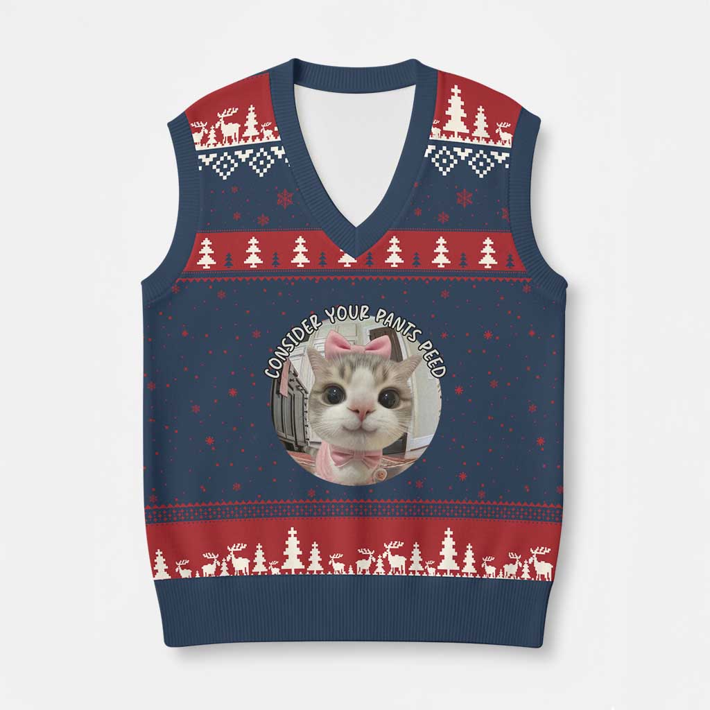 Consider Your Pants Peed V-Neck Knit Sweater Vest Funny Cat Meme Saying TS12 Navy Red Print Your Wear