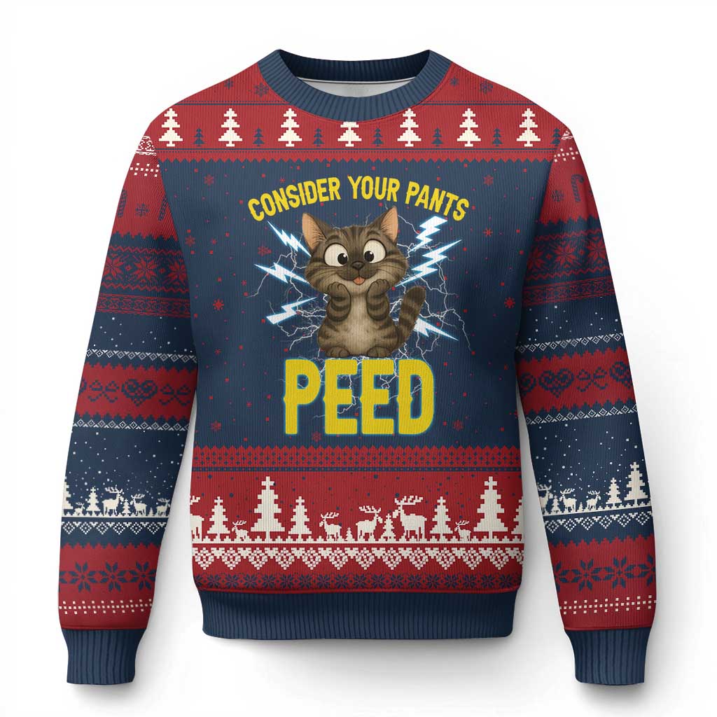 Funny Cat Lover Ugly Christmas Sweater Consider Your Pants Peed Quote TS12 Navy Red Print Your Wear