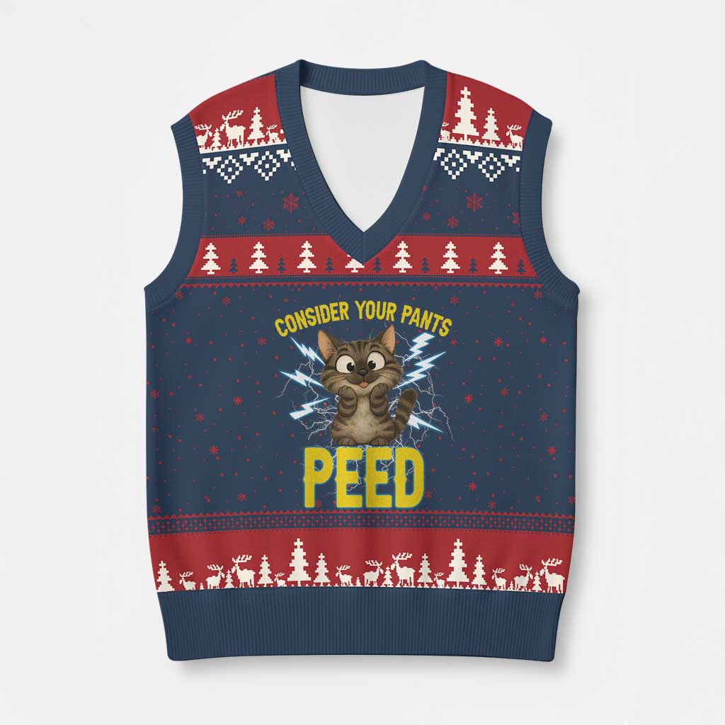 Funny Cat Lover V-Neck Knit Sweater Vest Consider Your Pants Peed Quote TS12 Navy Red Print Your Wear