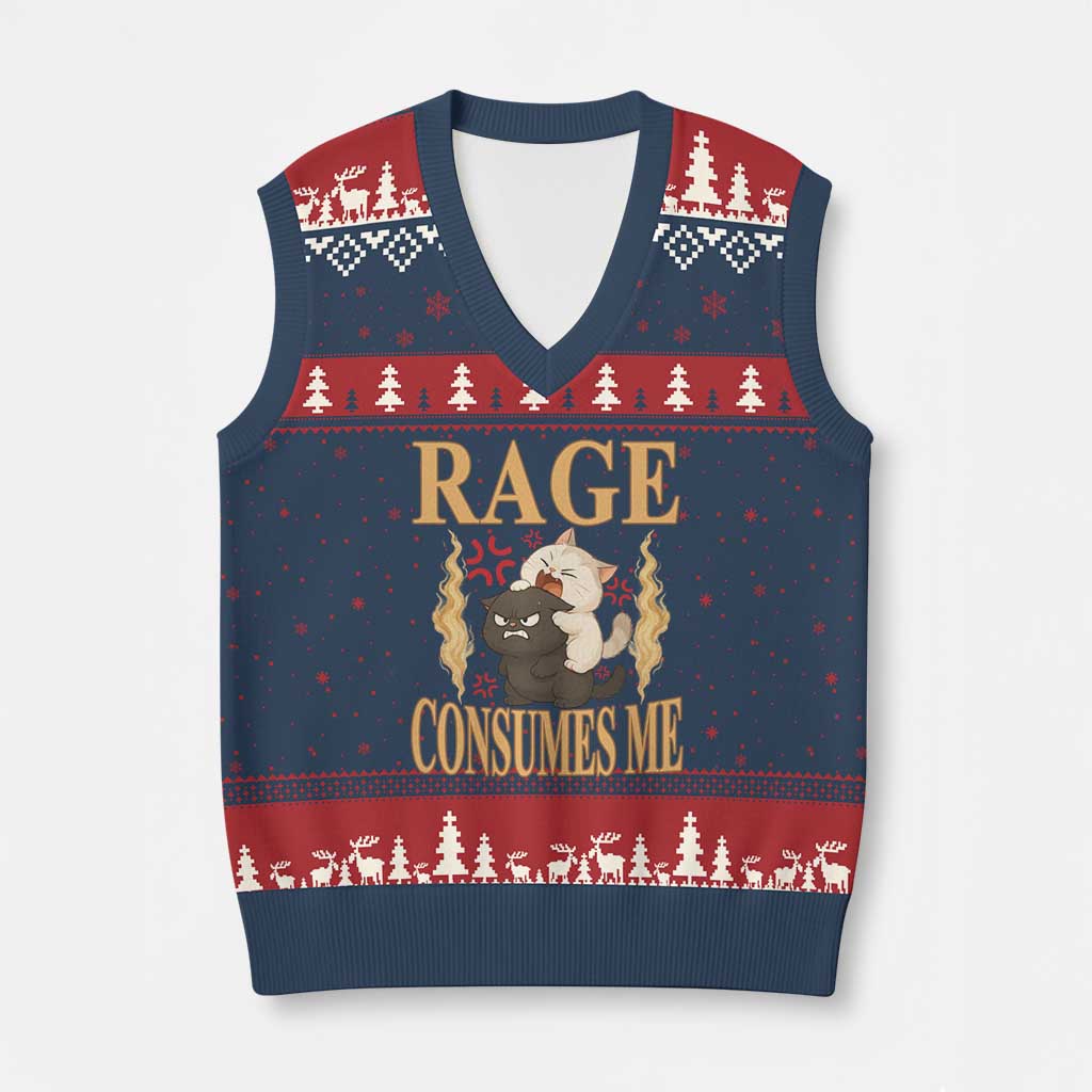 Cute Cat V-Neck Knit Sweater Vest Rage Is Consuming Me TS12 Navy Red Print Your Wear