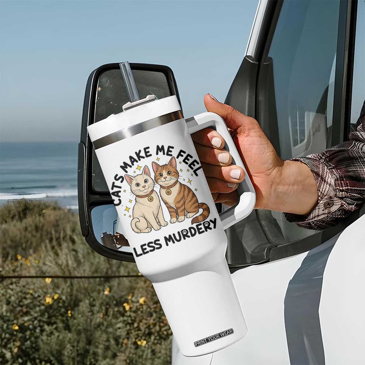 Sarcastic Cat Lover Tumbler With Handle Cats Make Me Feel Less Murdery TS12 Print Your Wear