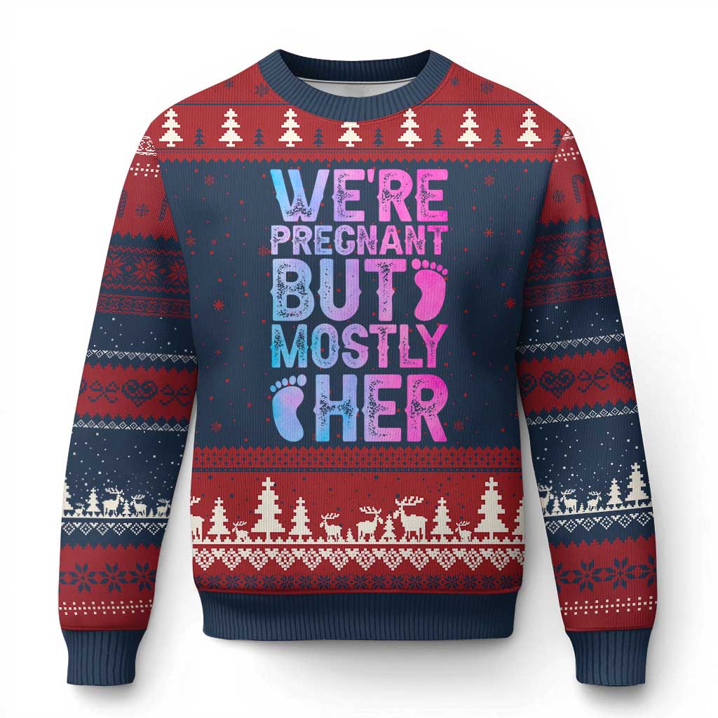 Funny First Time Parents Gift Ugly Christmas Sweater We Are Pregnant But Mostly Her TS12 Navy Red Print Your Wear