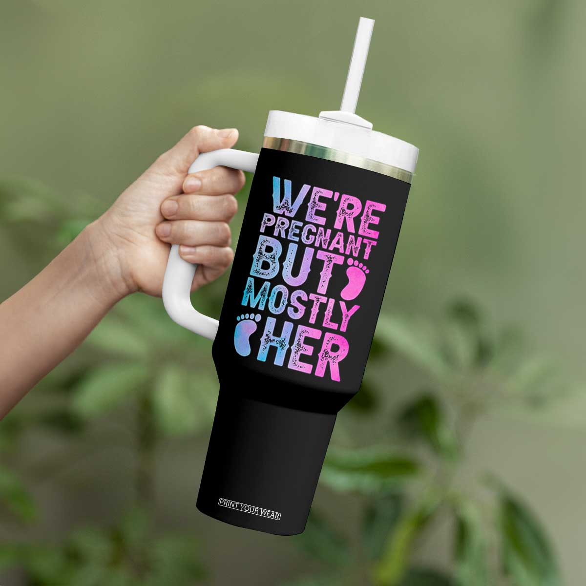 Funny First Time Parents Gift Tumbler With Handle We Are Pregnant But Mostly Her