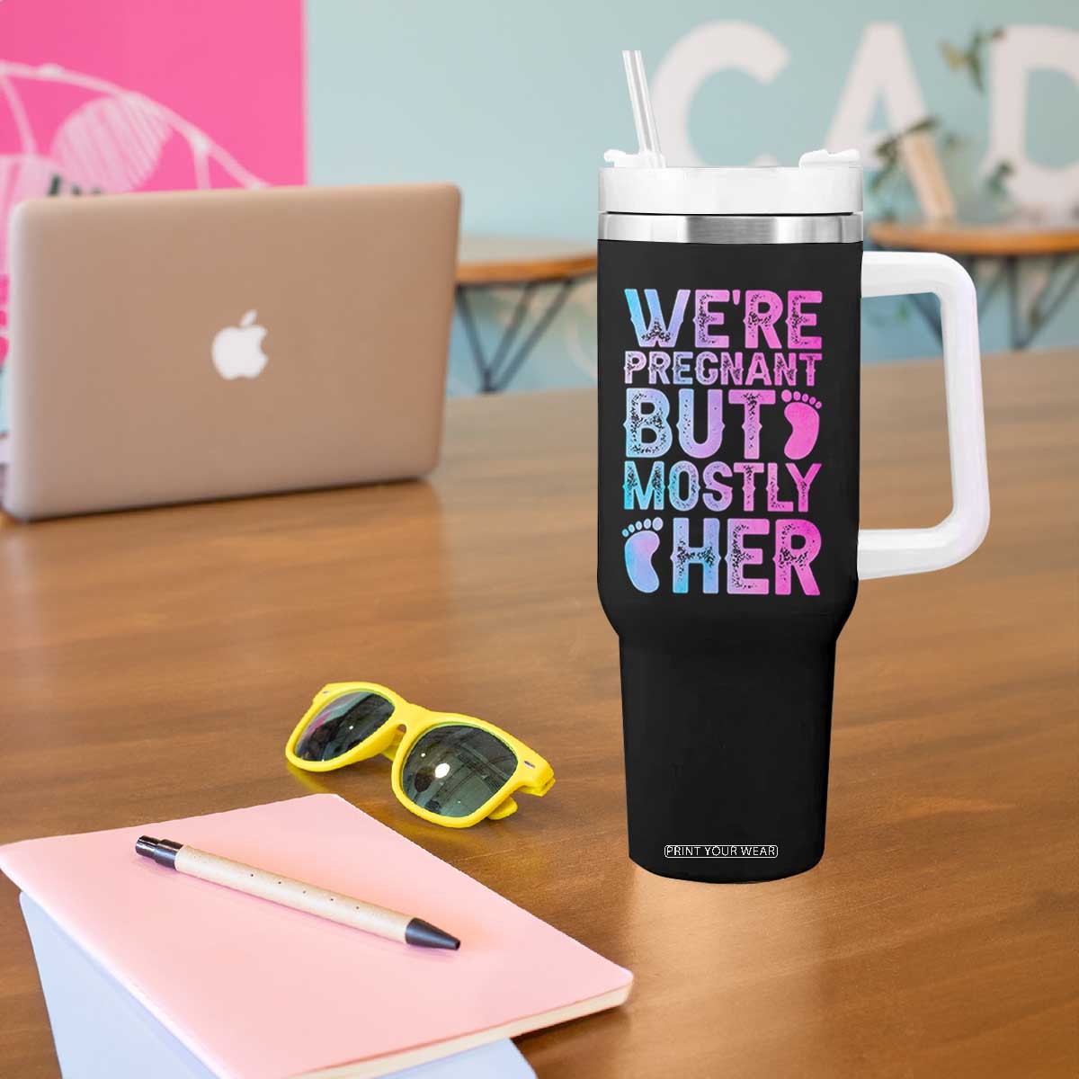 Funny First Time Parents Gift Tumbler With Handle We Are Pregnant But Mostly Her