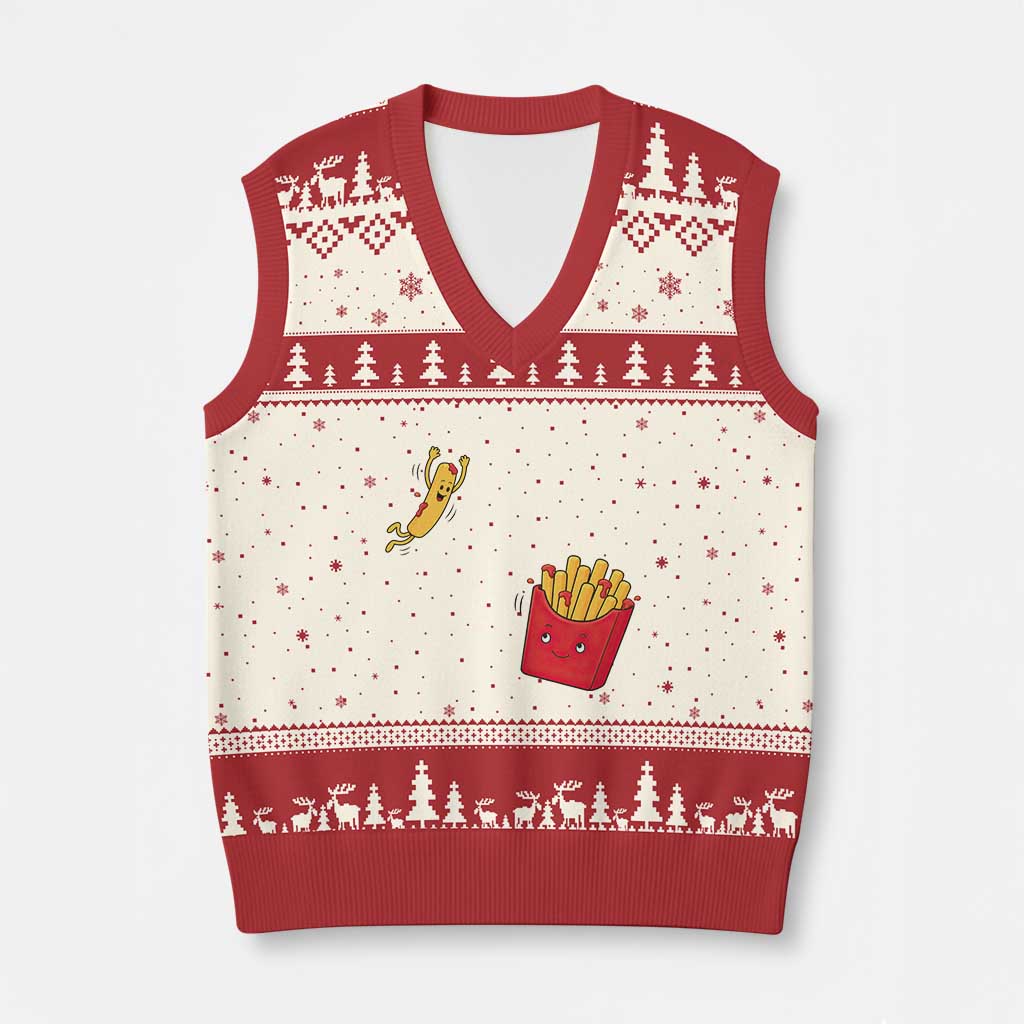 Funny French Fry Jumping Into Fries Box V-Neck Knit Sweater Vest Fast Food Lover TS12 Beige Red Print Your Wear