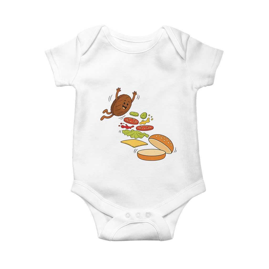 Funny Burger Ingredients Flying Into Bun Baby Onesie Fast Food Lover Gift TS12 White Print Your Wear