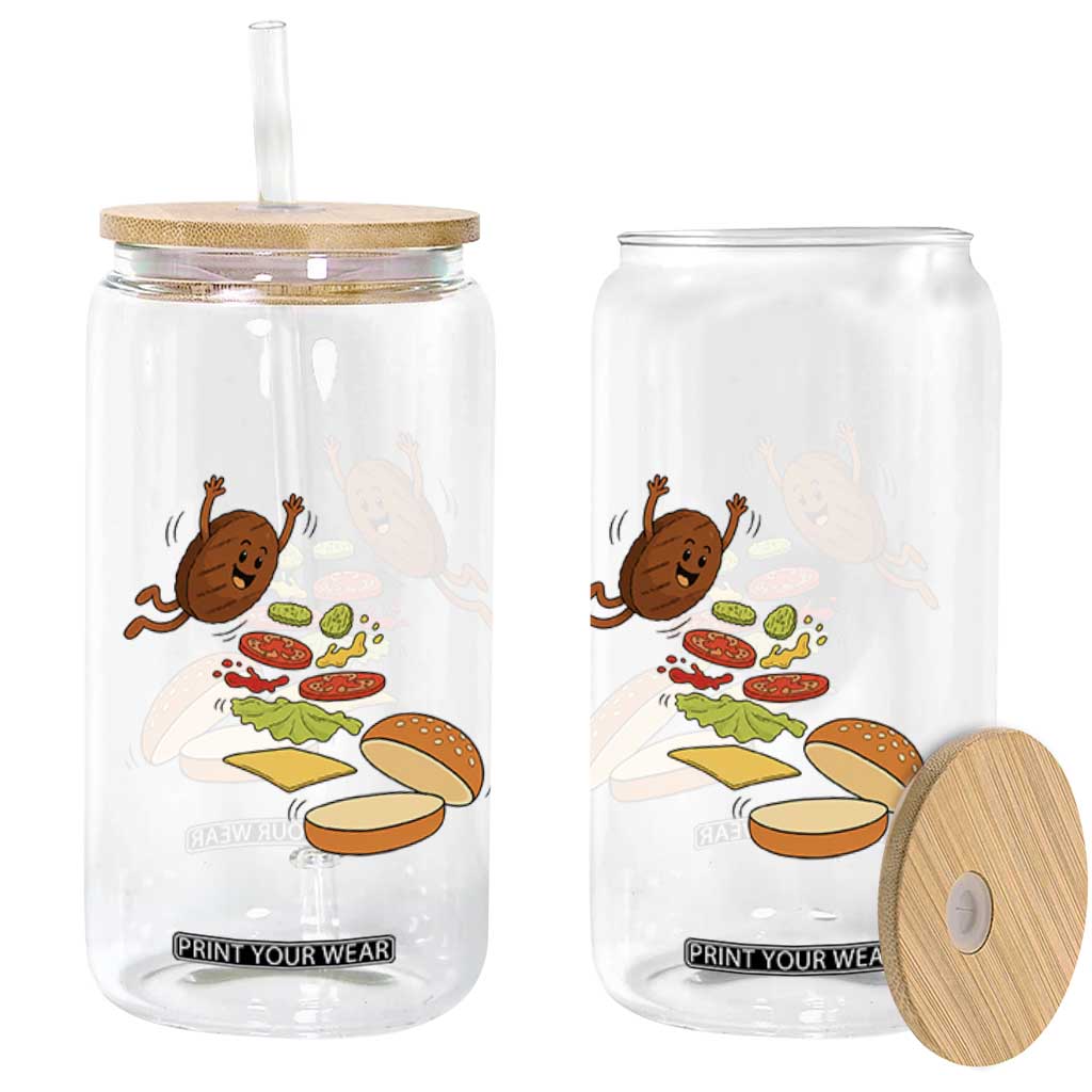 Funny Burger Ingredients Flying Into Bun Glass Can Fast Food Lover Gift