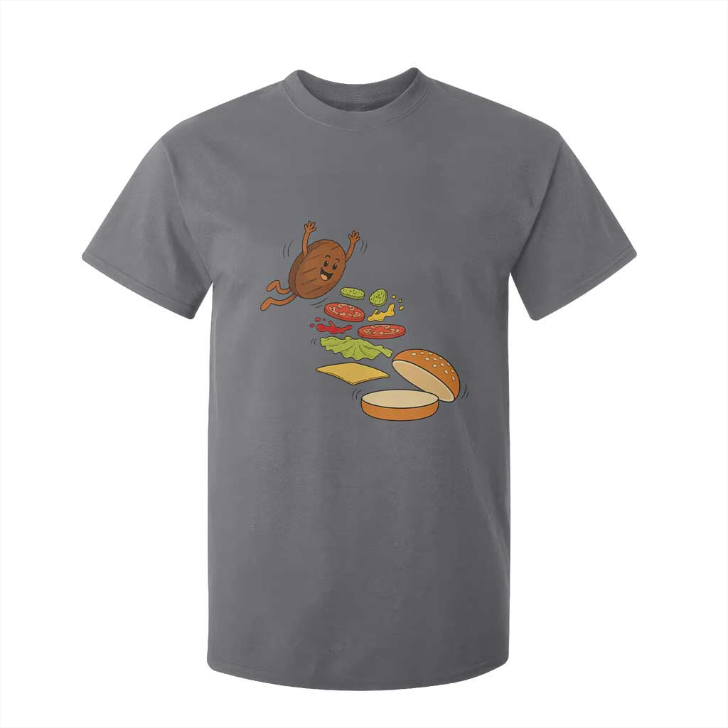 Funny Burger Ingredients Flying Into Bun T Shirt For Kid Fast Food Lover Gift