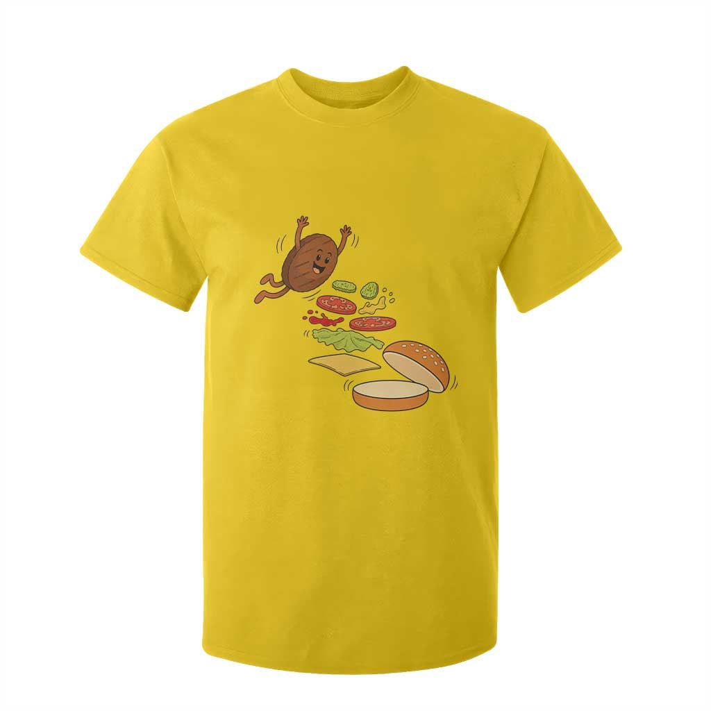 Funny Burger Ingredients Flying Into Bun T Shirt For Kid Fast Food Lover Gift
