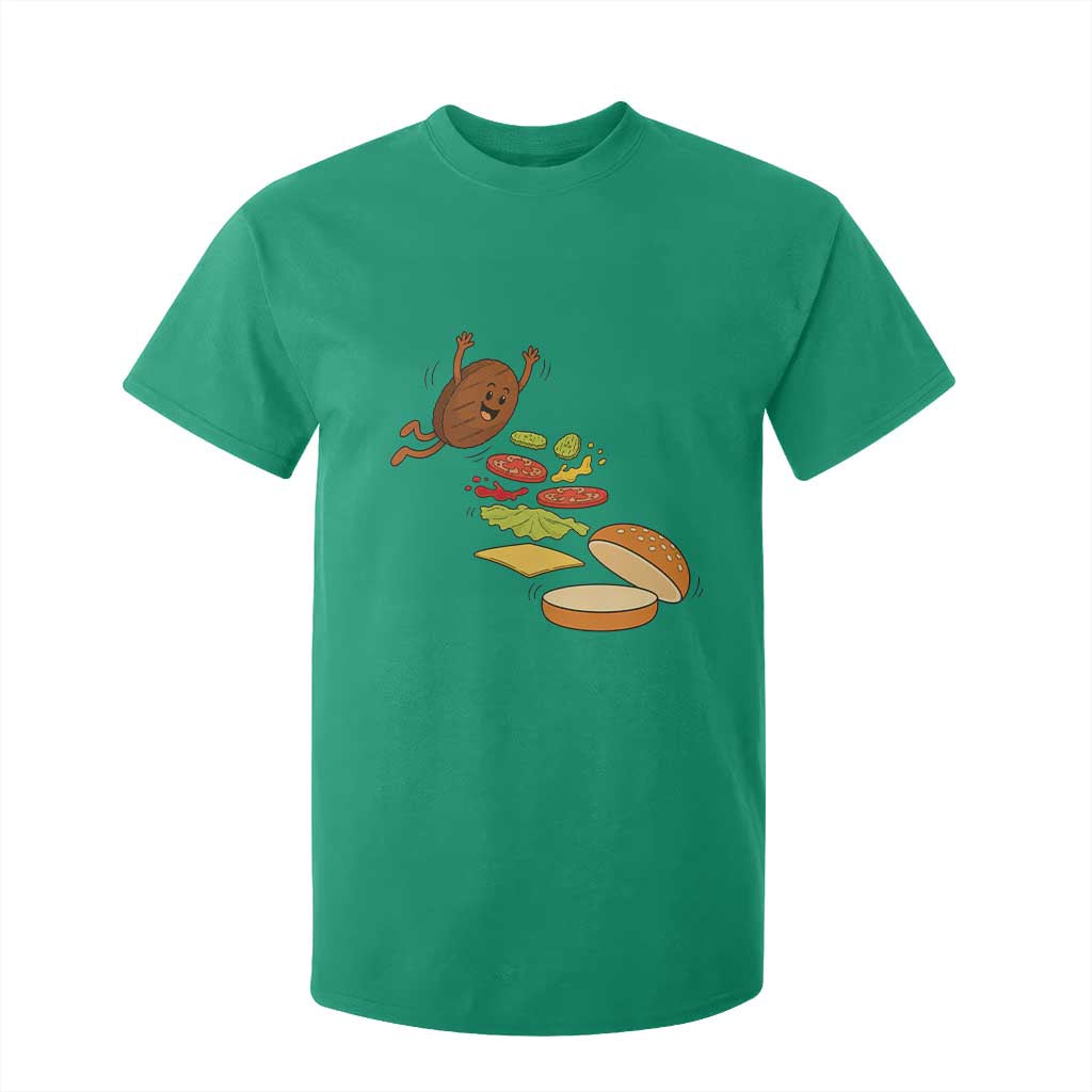 Funny Burger Ingredients Flying Into Bun T Shirt For Kid Fast Food Lover Gift