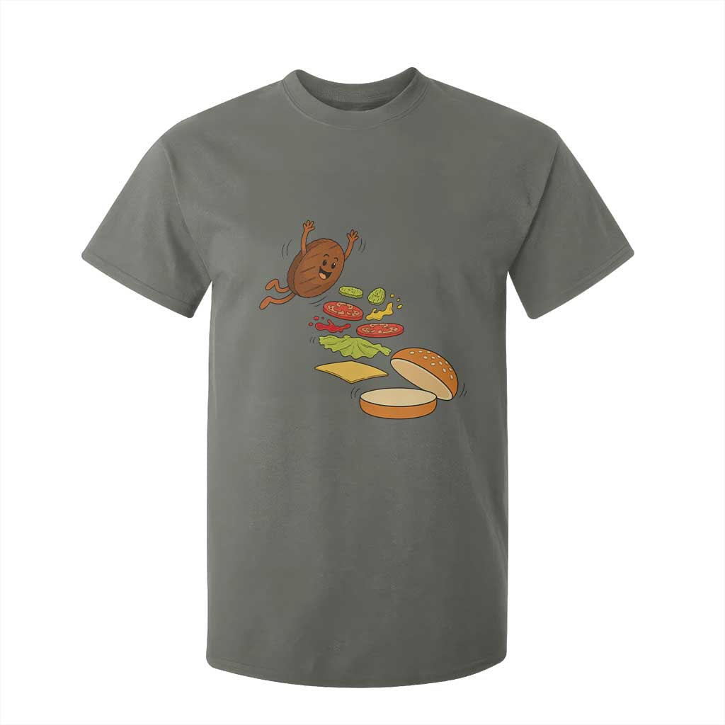 Funny Burger Ingredients Flying Into Bun T Shirt For Kid Fast Food Lover Gift