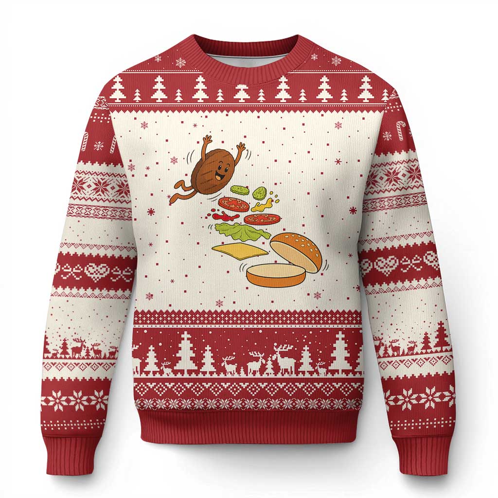 Funny Burger Ingredients Flying Into Bun Ugly Christmas Sweater Fast Food Lover Gift TS12 Beige Red Print Your Wear