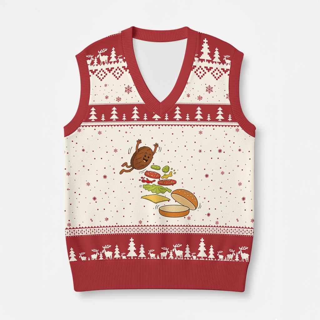 Funny Burger Ingredients Flying Into Bun V-Neck Knit Sweater Vest Fast Food Lover Gift TS12 Beige Red Print Your Wear