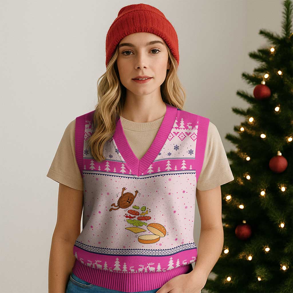 Funny Burger Ingredients Flying Into Bun V-Neck Knit Sweater Vest Fast Food Lover Gift