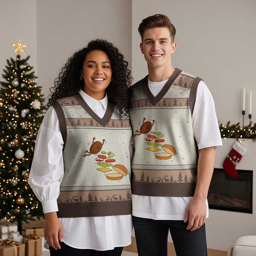 Funny Burger Ingredients Flying Into Bun V-Neck Knit Sweater Vest Fast Food Lover Gift