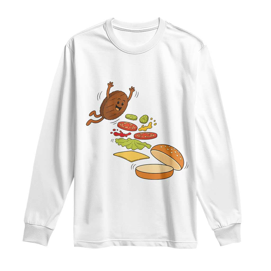 Funny Burger Ingredients Flying Into Bun Long Sleeve Shirt Fast Food Lover Gift TS12 White Print Your Wear