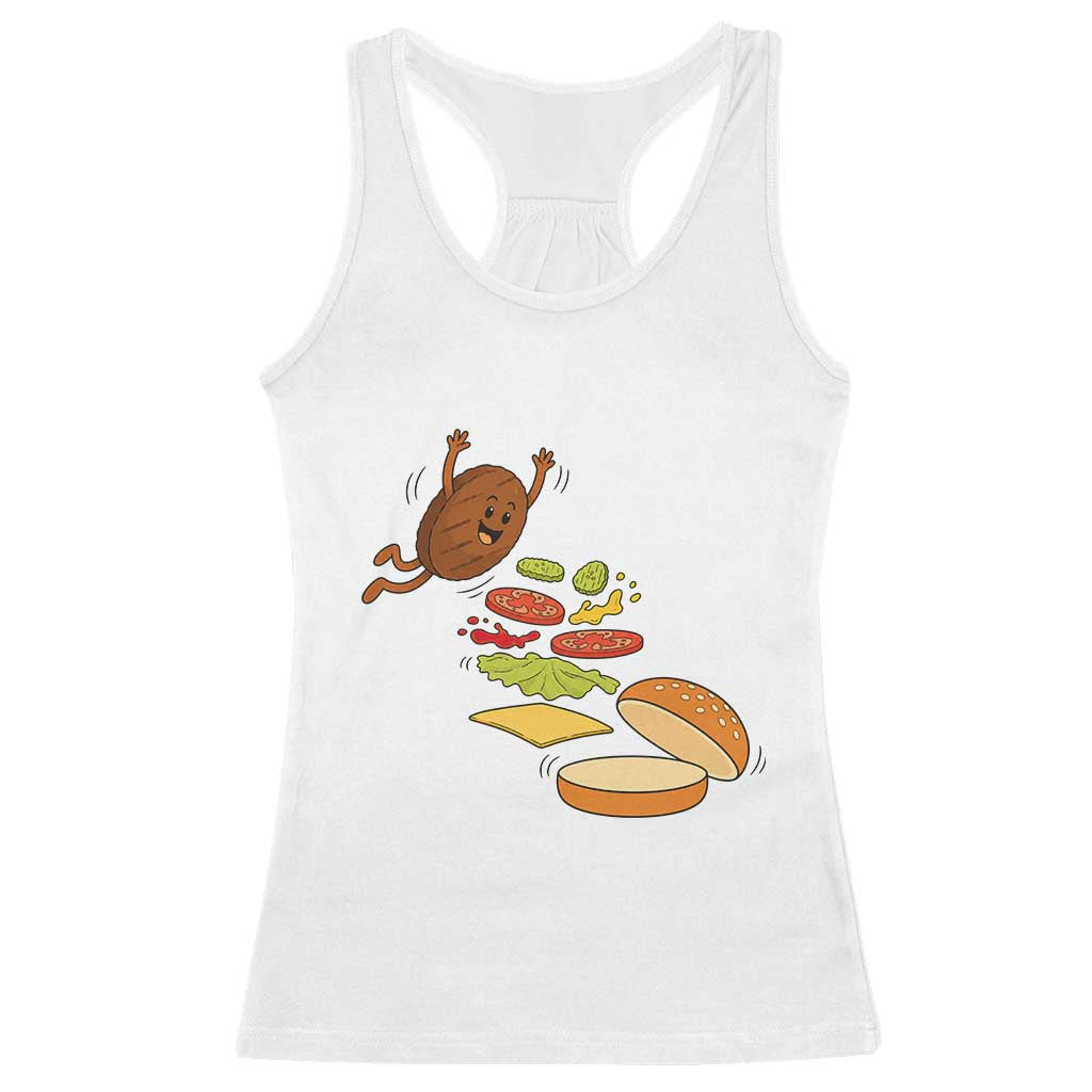 Funny Burger Ingredients Flying Into Bun Racerback Tank Top Fast Food Lover Gift