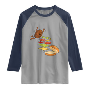 Funny Burger Ingredients Flying Into Bun Raglan Shirt Fast Food Lover Gift