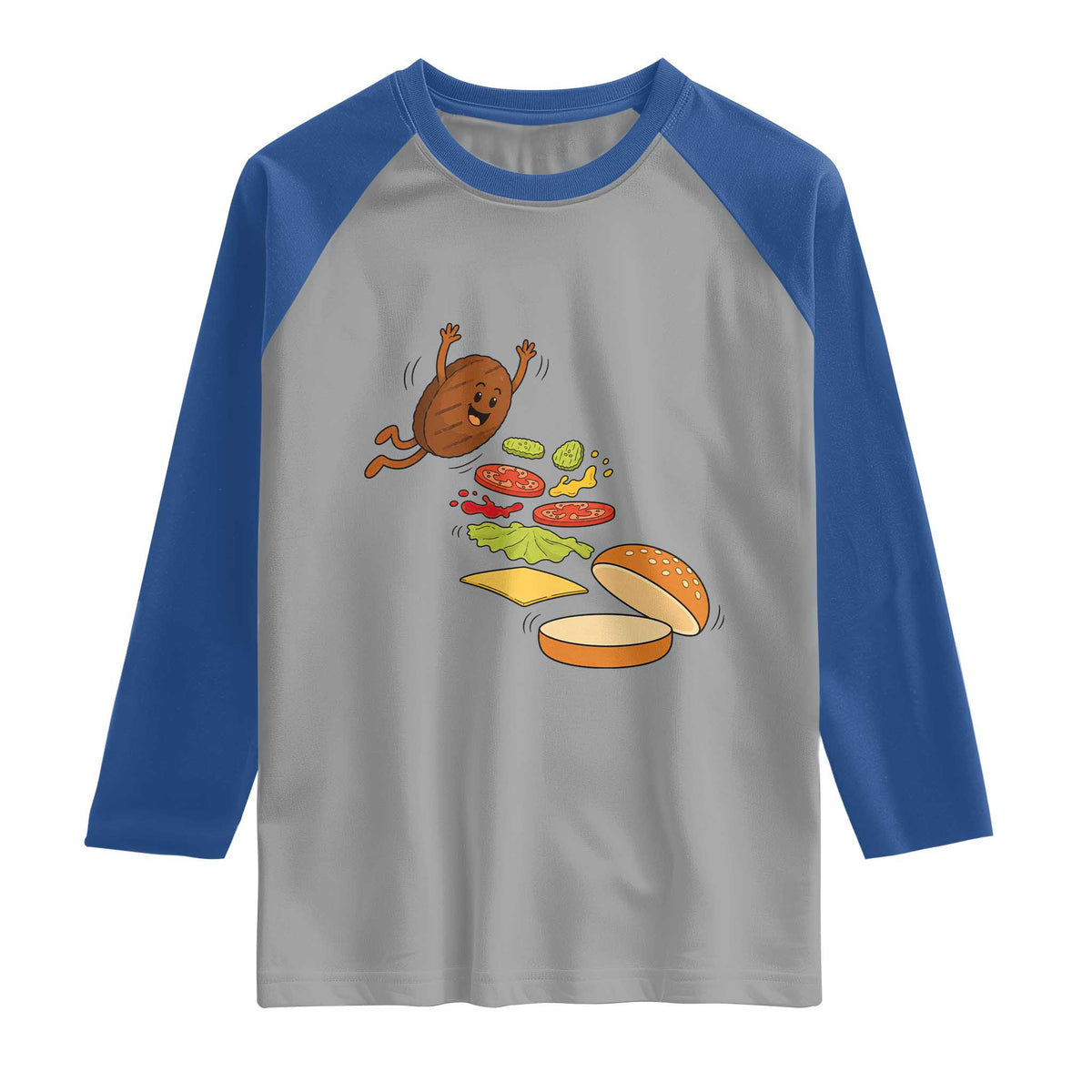 Funny Burger Ingredients Flying Into Bun Raglan Shirt Fast Food Lover Gift