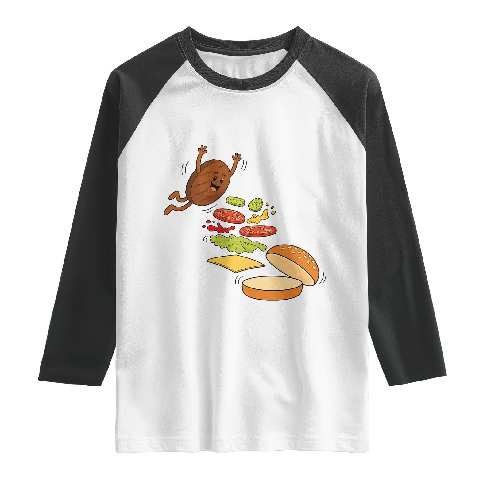 Funny Burger Ingredients Flying Into Bun Raglan Shirt Fast Food Lover Gift TS12 White Black Print Your Wear