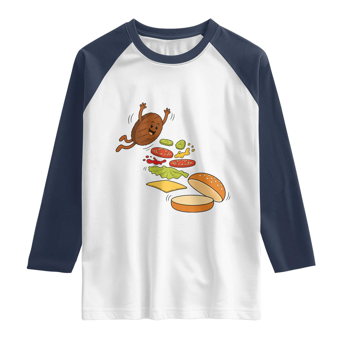 Funny Burger Ingredients Flying Into Bun Raglan Shirt Fast Food Lover Gift