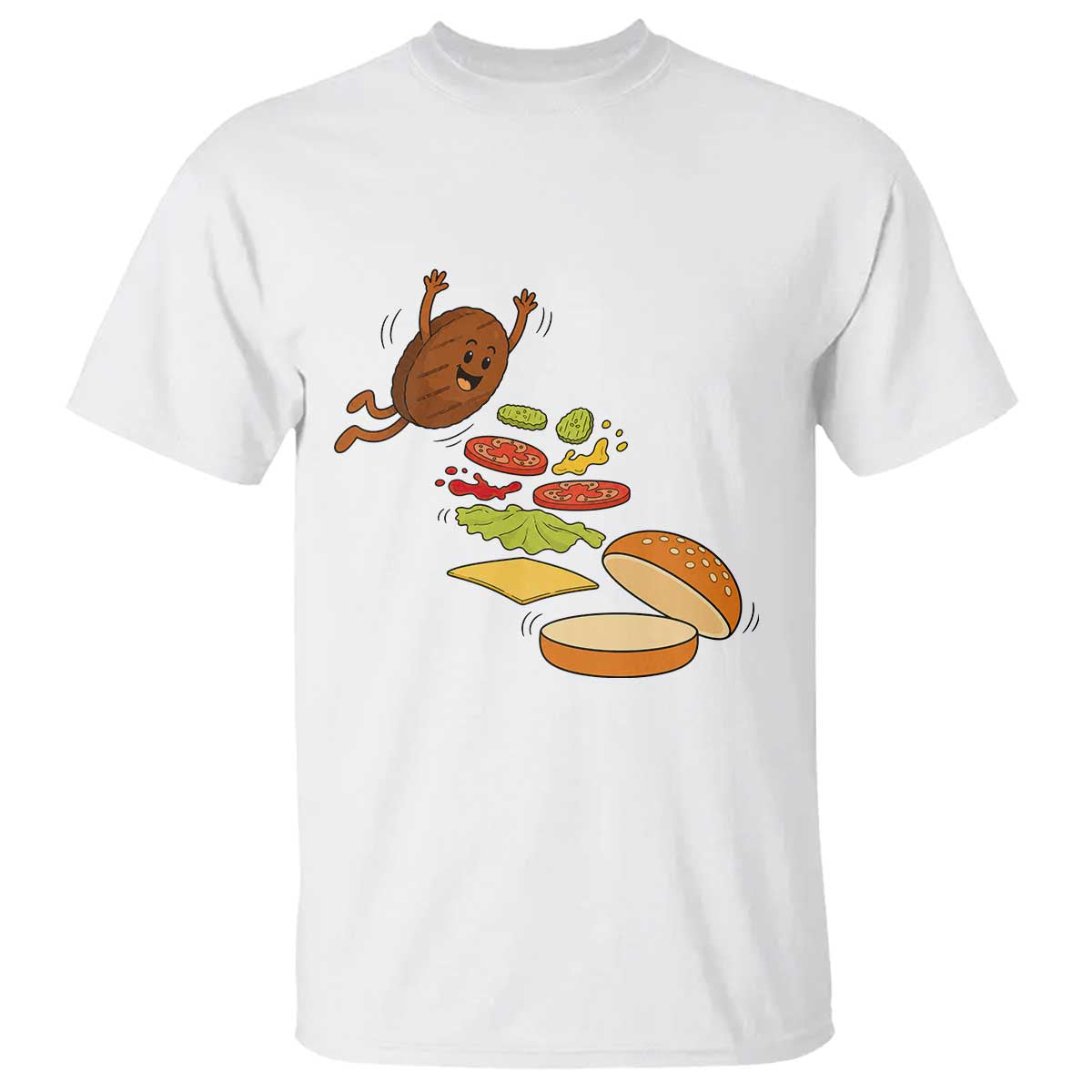 Funny Burger Ingredients Flying Into Bun T Shirt Fast Food Lover Gift TS12 White Print Your Wear