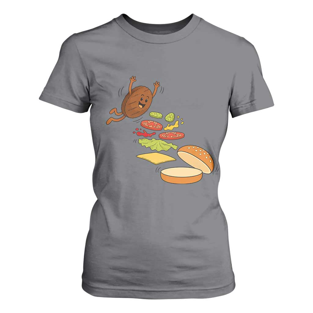 Funny Burger Ingredients Flying Into Bun T Shirt For Women Fast Food Lover Gift