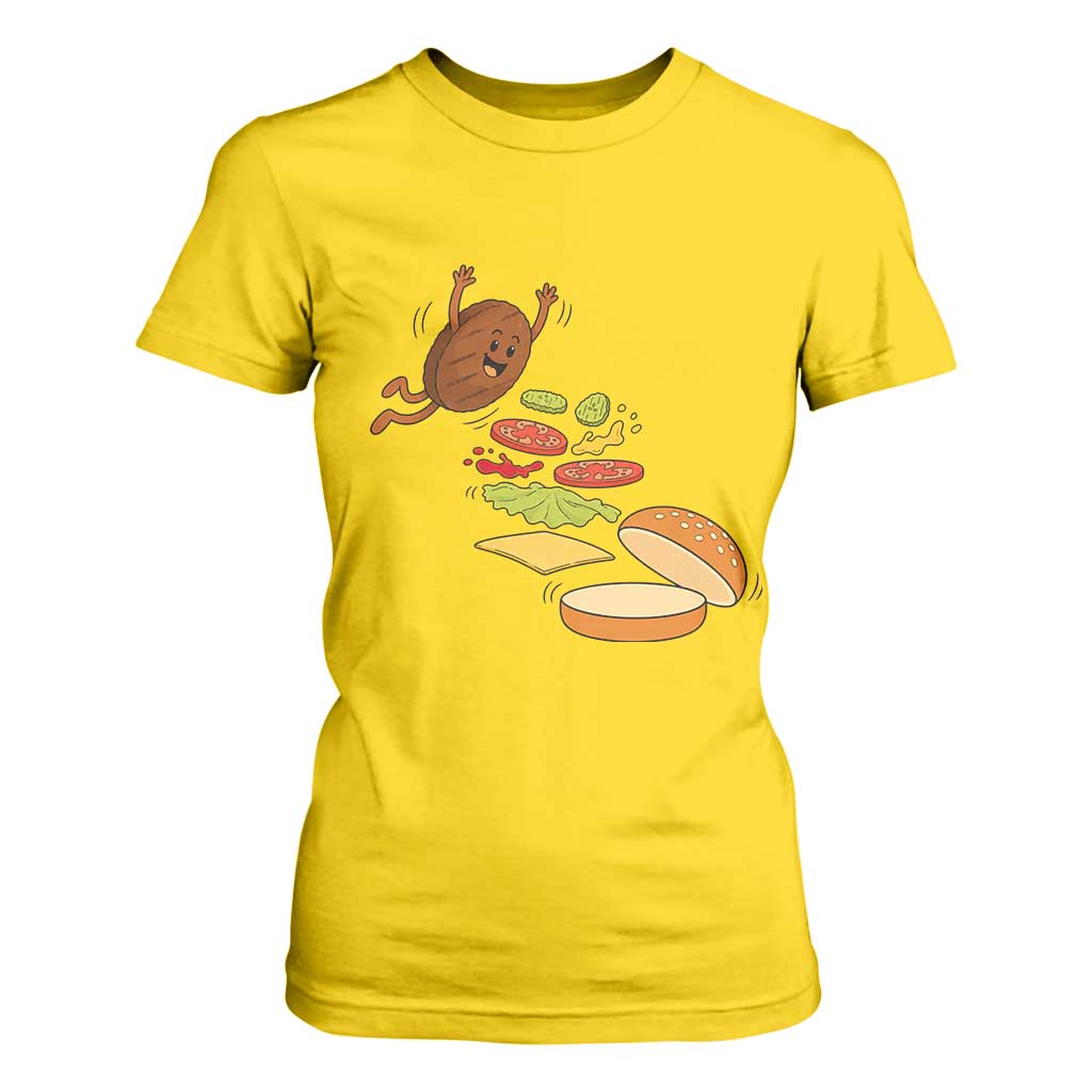 Funny Burger Ingredients Flying Into Bun T Shirt For Women Fast Food Lover Gift