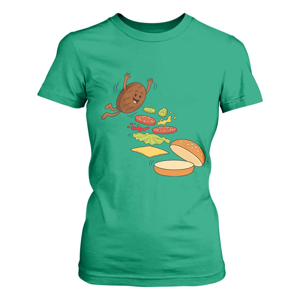 Funny Burger Ingredients Flying Into Bun T Shirt For Women Fast Food Lover Gift