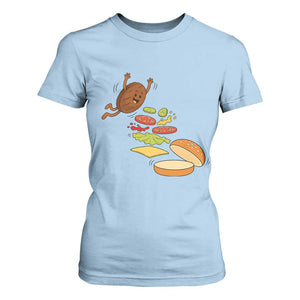 Funny Burger Ingredients Flying Into Bun T Shirt For Women Fast Food Lover Gift
