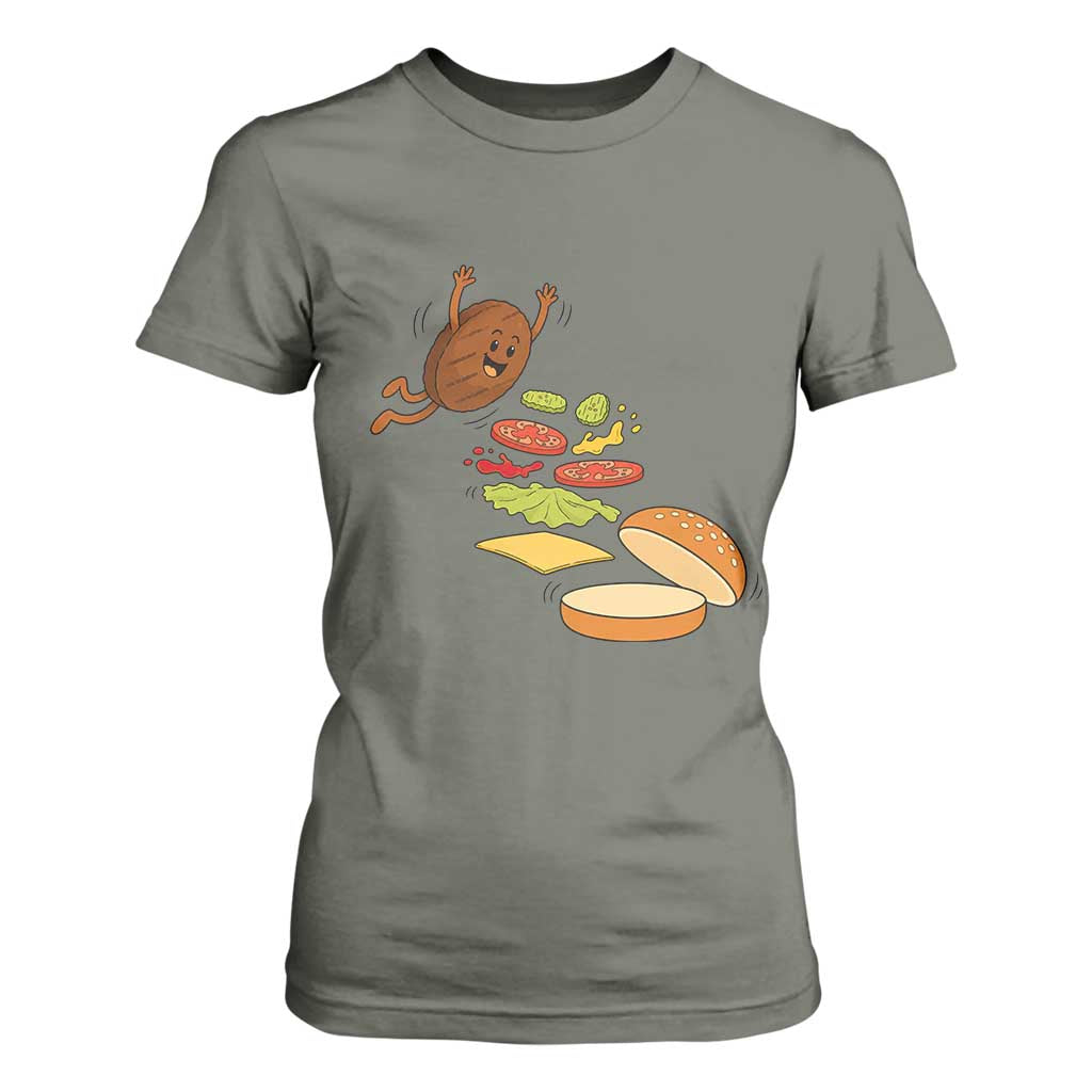 Funny Burger Ingredients Flying Into Bun T Shirt For Women Fast Food Lover Gift