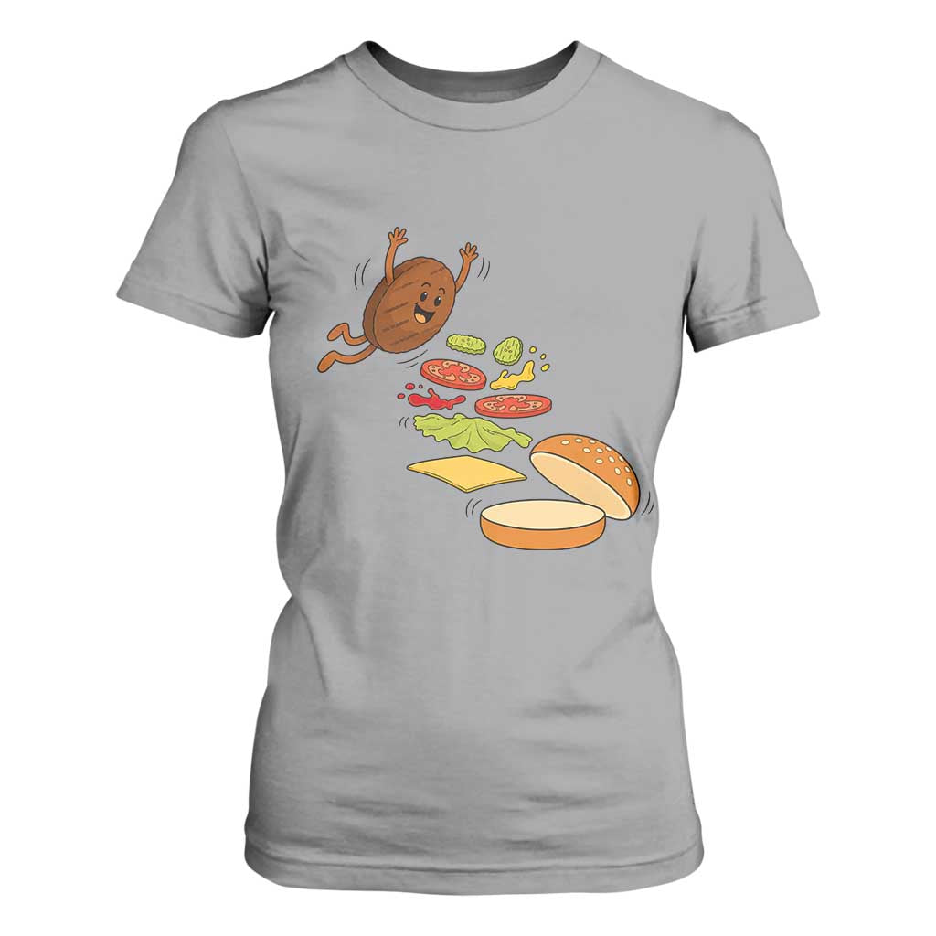Funny Burger Ingredients Flying Into Bun T Shirt For Women Fast Food Lover Gift