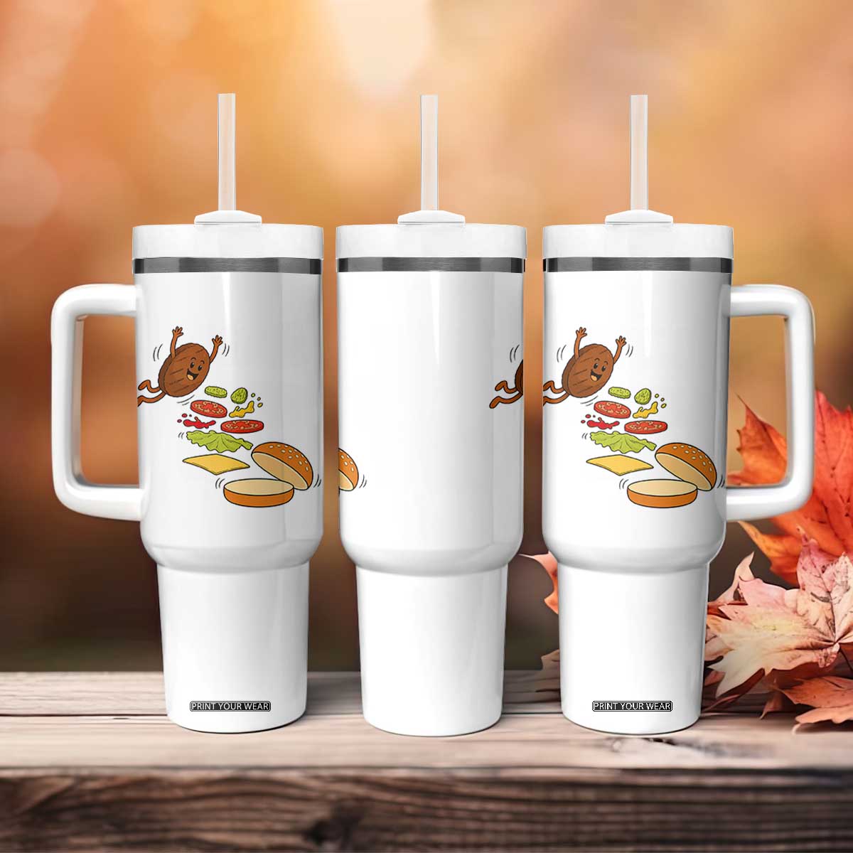 Funny Burger Ingredients Flying Into Bun Tumbler With Handle Fast Food Lover Gift