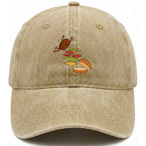 Funny Burger Ingredients Flying Into Bun Washed Cotton Baseball Cap Fast Food Lover Gift