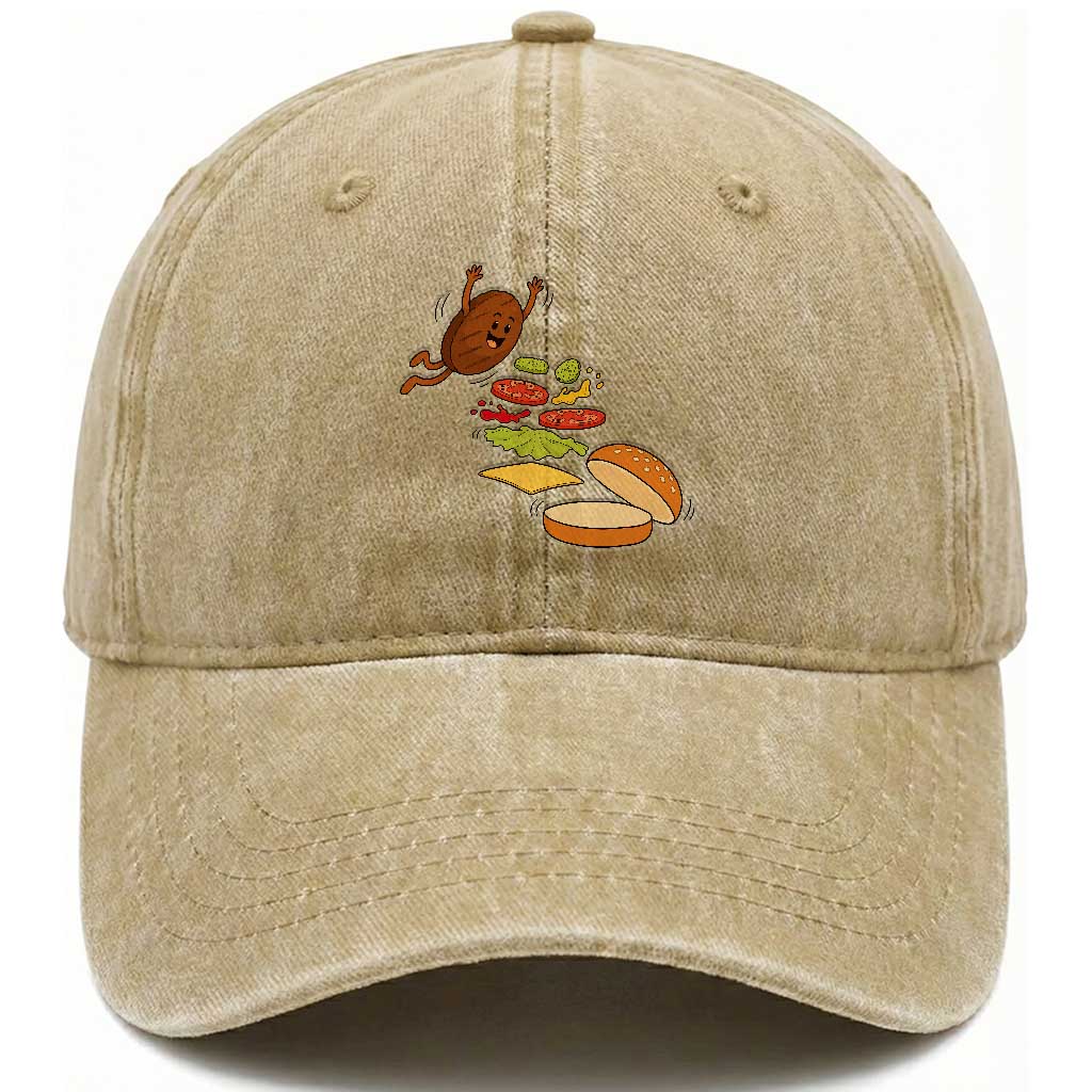 Funny Burger Ingredients Flying Into Bun Washed Cotton Baseball Cap Fast Food Lover Gift TS12 Print Your Wear