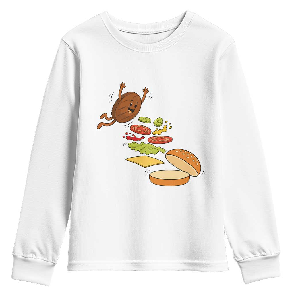 Funny Burger Ingredients Flying Into Bun Youth Sweatshirt Fast Food Lover Gift TS12 White Print Your Wear