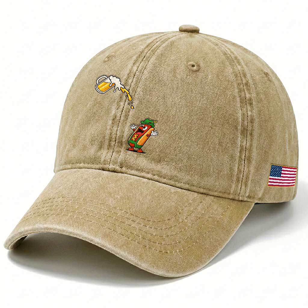 Funny Sausage Waiting For Beer Washed Cotton Baseball Cap Oktoberfest Gift