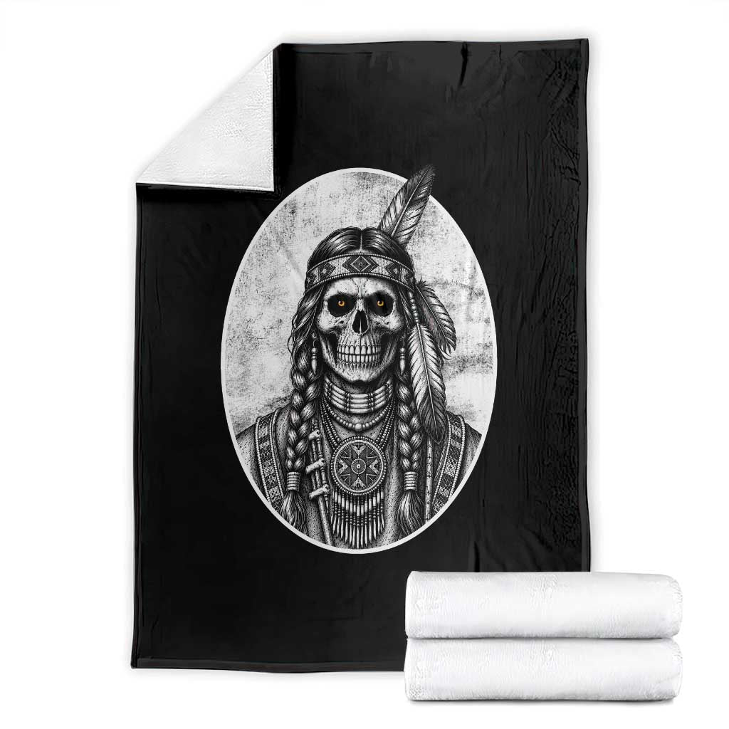 Vintage Gothic Skull Warrior Throw Blanket Native American Feather Chief