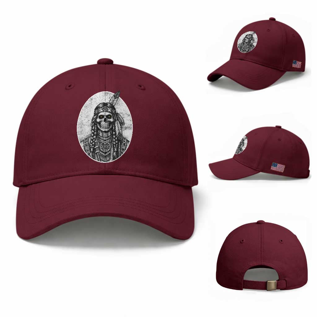 Vintage Gothic Skull Warrior Baseball Cap Native American Feather Chief