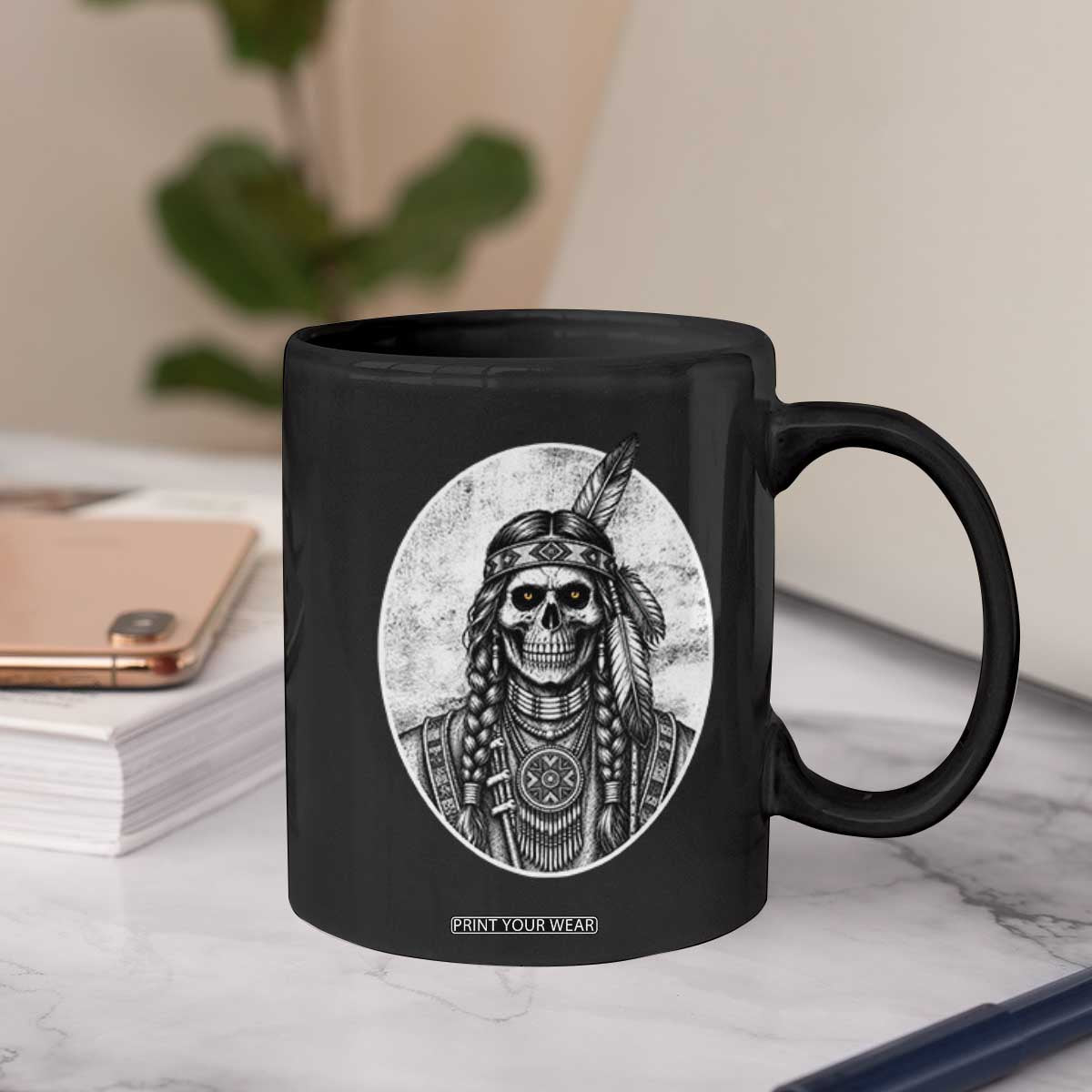 Vintage Gothic Skull Warrior Coffee Mug Native American Feather Chief